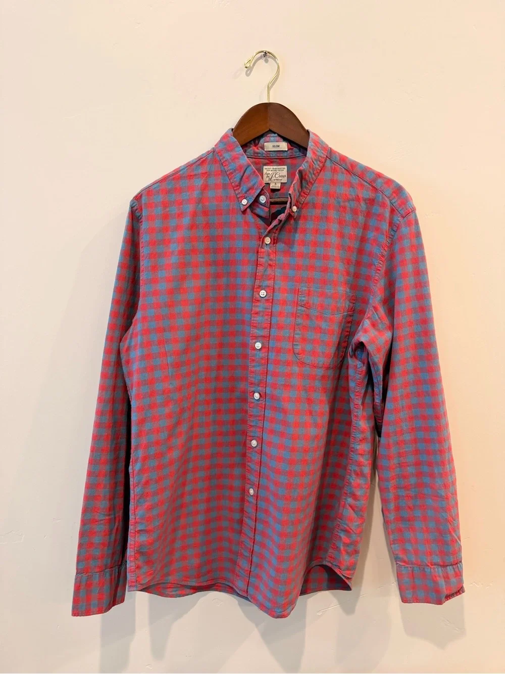 J.Crew Secret Wash Slim Fit Gingham Shirt Red Blue Size L